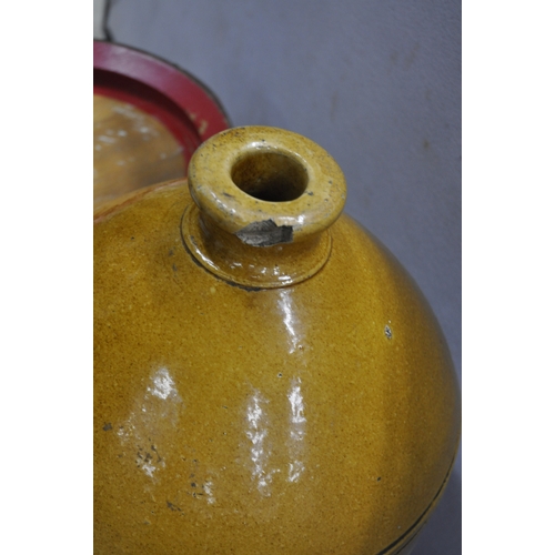 176 - EARTHENWARE JAR, SHERRY BARRELS AND GLASS BOTTLE IN STAND