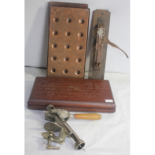 127 - CIGAR HUMIDOR, CORKSCREW, BOTTLE OPENER AND 2 COPPER DRIP TRAYS