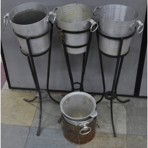 177 - 3 ICE BUCKET STANDS AND VARIOUS ICE BUCKETS