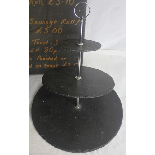 150 - SLATE CHALK BOARDS AND CAKE STAND