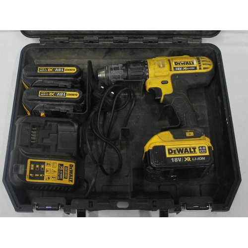 4 - DEWALT 18v LITHIUM ION COMBI DRILL WITH 3 BATTERIES AND CHARGER