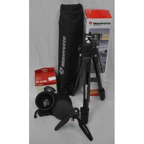 32 - MANFROTTO COMPACT LIGHT TRIPOD, MANFROTTO MTP1X1-B MINI TRIPOD AND CANON WC-58B WIDE CONVERTER