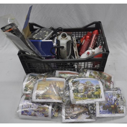 61 - BASKET OF MISCELLANEOUS GOODS - JIGSAW PUZZLES, SANDER, SPOT LIGHT, ETC