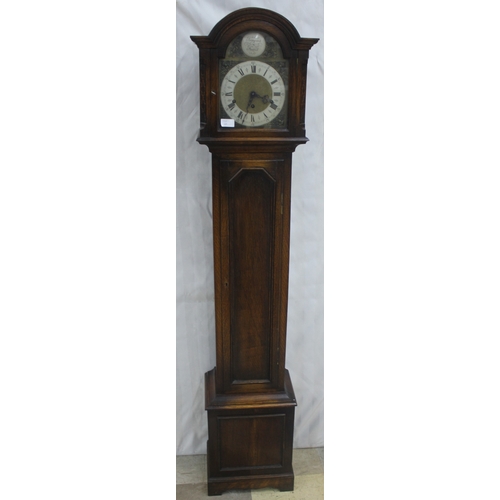 83 - TEMPUS FUGIT OAK CASED GRANDMOTHER CLOCK WITH KEY AND PENDULUM - WORM AFFECTED