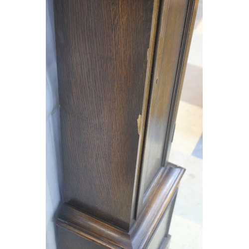 83 - TEMPUS FUGIT OAK CASED GRANDMOTHER CLOCK WITH KEY AND PENDULUM - WORM AFFECTED