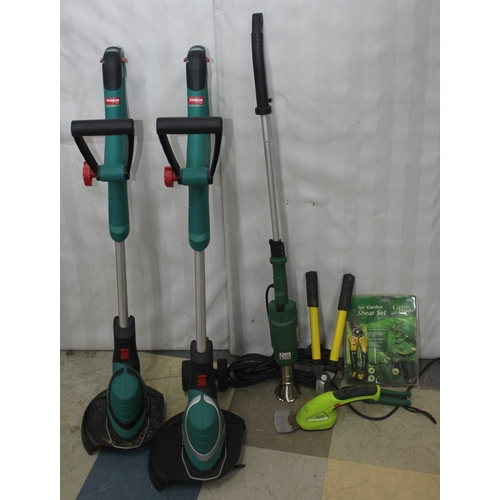 93 - VARIOUS GARDENING TOOLS INCLUDING 2 BOSCH STRIMMERS (NO BATTERIES OR CHARGERS)