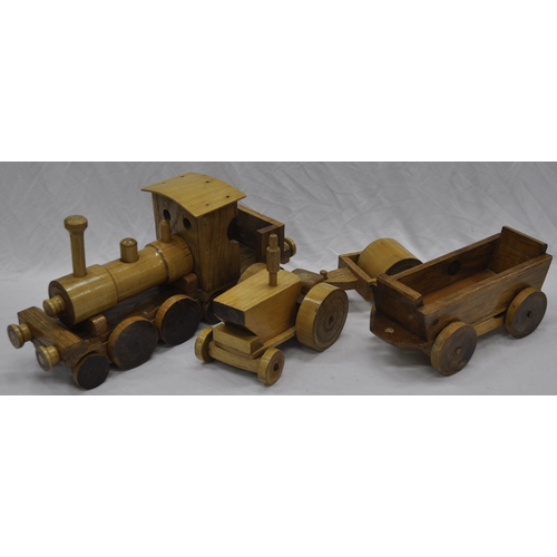 94 - WOODEN MODEL TRAIN WITH TENDER, TRACTOR AND ROLLER