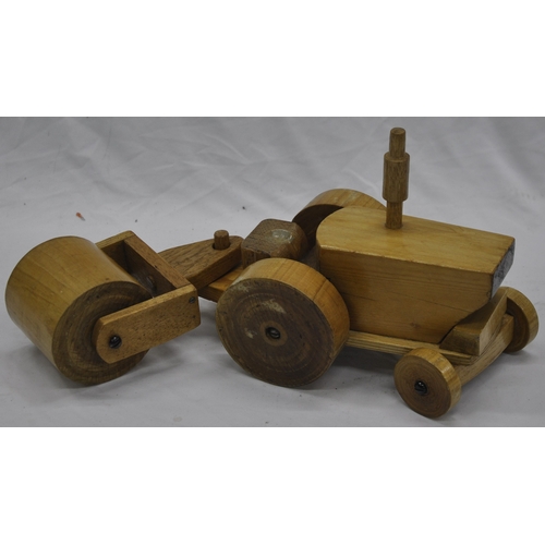 94 - WOODEN MODEL TRAIN WITH TENDER, TRACTOR AND ROLLER