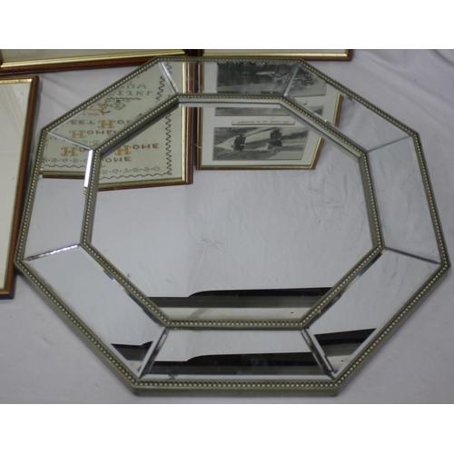 97 - OCTAGONAL MIRROR (DAMAGED - 1 PANEL MISSING), 3 FRAMED HISTORIAL PHOTO SETS AND FRAMED SAMPLER