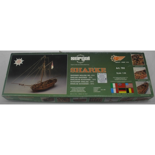 98 - 4 MODEL BOAT KITS - PANART HMS VICTORY BOW AND SECTION, SERGAL SHARKE ENGLISH SHOONER 1711, SERGAL R... 