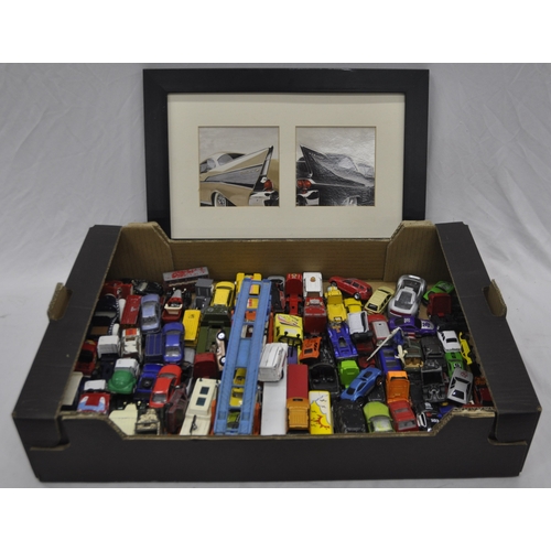 107 - BOX OF DIECAST MODEL CARS AND FRAMED PRINT OF CADILLACS