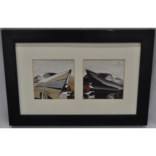 107 - BOX OF DIECAST MODEL CARS AND FRAMED PRINT OF CADILLACS