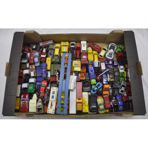 107 - BOX OF DIECAST MODEL CARS AND FRAMED PRINT OF CADILLACS