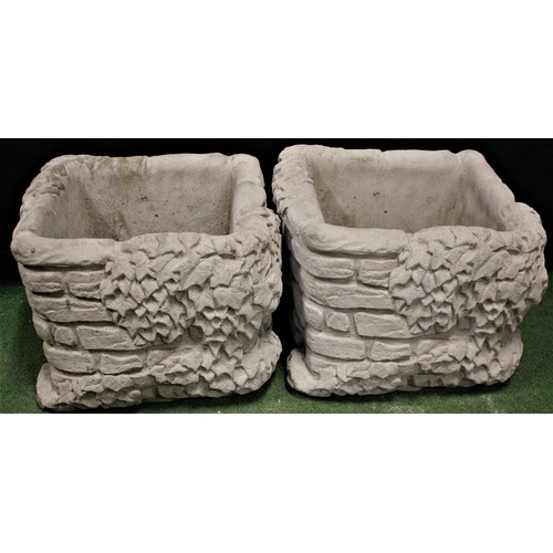 110 - PAIR STONEWORK BRICK PLANTERS FESTOONED WITH IVY (37cm)