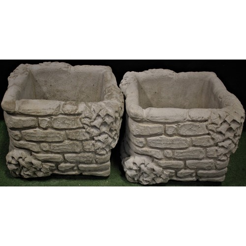 110 - PAIR STONEWORK BRICK PLANTERS FESTOONED WITH IVY (37cm)