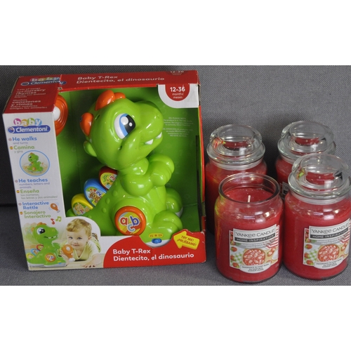 122 - 4 YANKEE CANDLES (1 MISING LID) & BABY T-REX TOY (A112, A76)