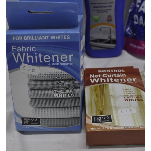 55 - BOX OF FABRIC WHITENER, DAMP CRYSTALS, DE-IONISED WATER, HAND GEL, ETC