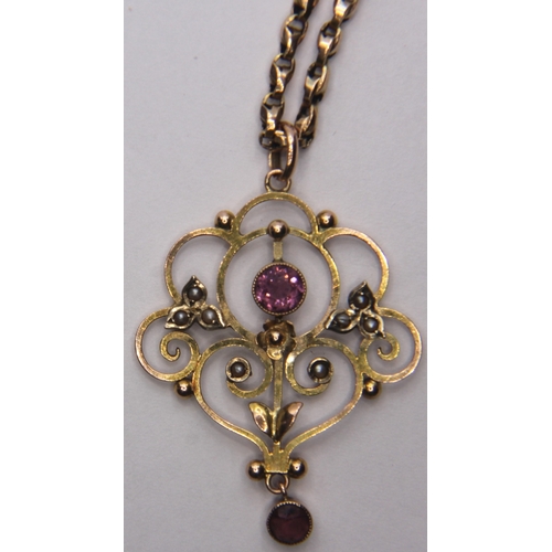 138 - ANTIQUE AMETHYST AND SEED PEARL PENDANT ON LINK CHAIN - BOTH STAMPED 9ct 9.6g