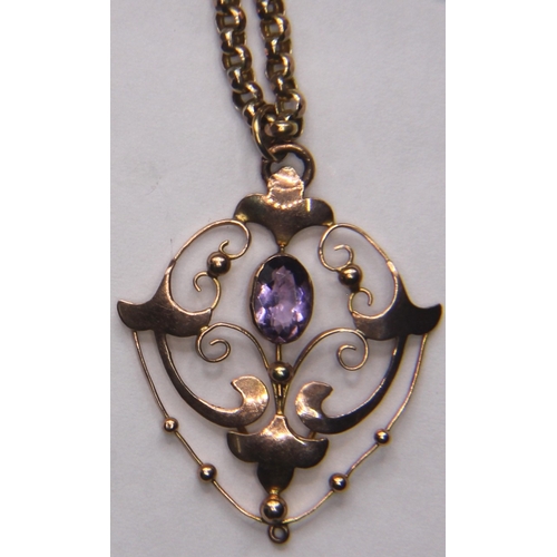 139 - ANTIQUE AMETHYST PENDANT ON LINK CHAIN BOTH STAMPED 9ct 7.7g