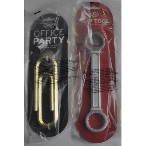 16 - 12 OFFICE PARTY BOTTLE OPENERS AND 10 FRED TOP TOOL SPANNER BOTTLE OPENERS