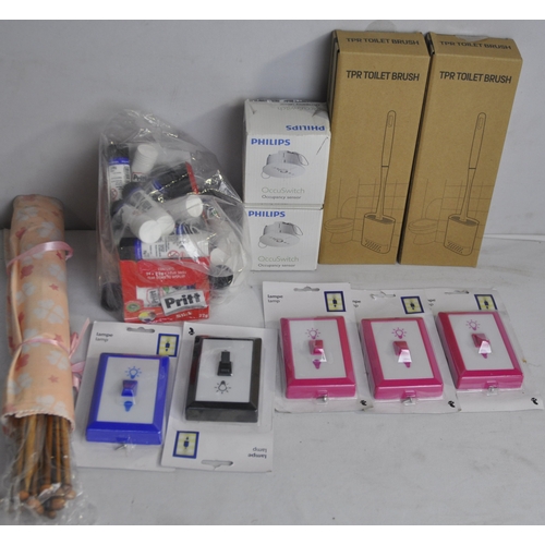 27 - NEW STOCK - PRITT STICKS, TOLIET BRUSHES, PHILLIPS OCCUSWITCHES, KNITTING NEEDLES AND LAMPS