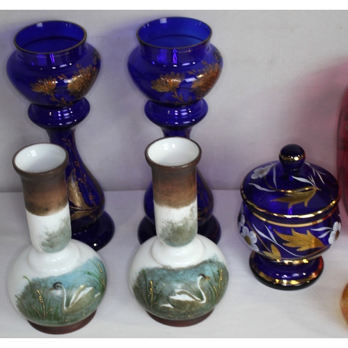 65 - VARIOUS ITEMS OF COLOURED AND PAINTED GLASS INCLUDING CRANBERRY