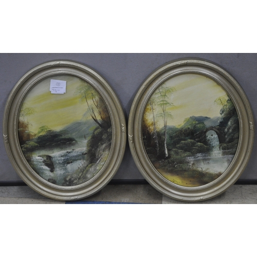 67 - PAIR OF ANTIQUE OVAL LANDSCAPE PAINTINGS AND INLAID FRAME OVAL MIRROR