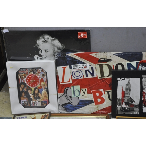 70 - MARILYN MONROE CANVAS, HIGH STREET MUSICAL 3 CLOCK, FRAMED PICTURE 'THE BEATLES 1956-64', SIGNED BEA... 