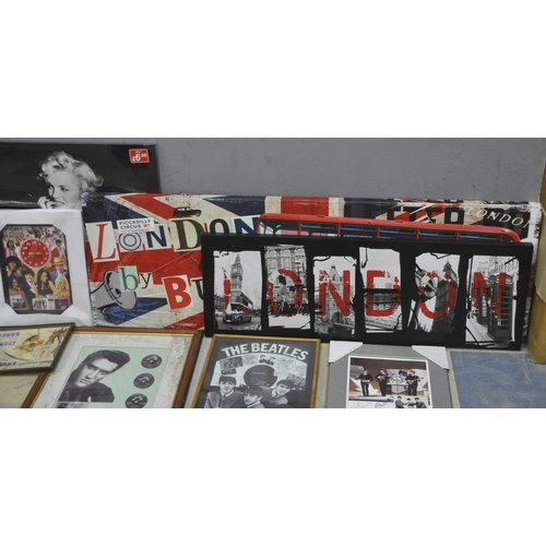70 - MARILYN MONROE CANVAS, HIGH STREET MUSICAL 3 CLOCK, FRAMED PICTURE 'THE BEATLES 1956-64', SIGNED BEA... 