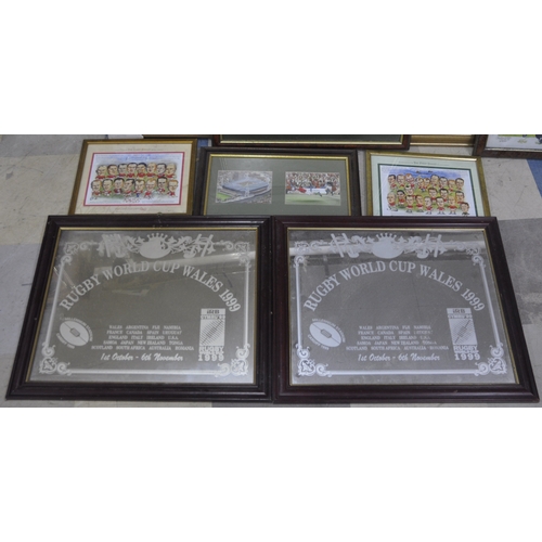 77 - 2 RUGBY WORLD CUP 1999 PICTURE MIRRORS, 2 WELSH RUGBY CLOCKS & 8 FRAMED WELSH RUGBY PICTURES