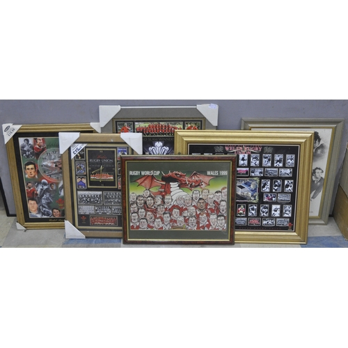77 - 2 RUGBY WORLD CUP 1999 PICTURE MIRRORS, 2 WELSH RUGBY CLOCKS & 8 FRAMED WELSH RUGBY PICTURES
