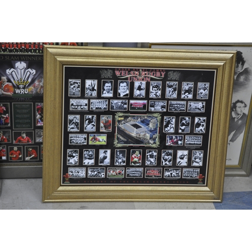 77 - 2 RUGBY WORLD CUP 1999 PICTURE MIRRORS, 2 WELSH RUGBY CLOCKS & 8 FRAMED WELSH RUGBY PICTURES
