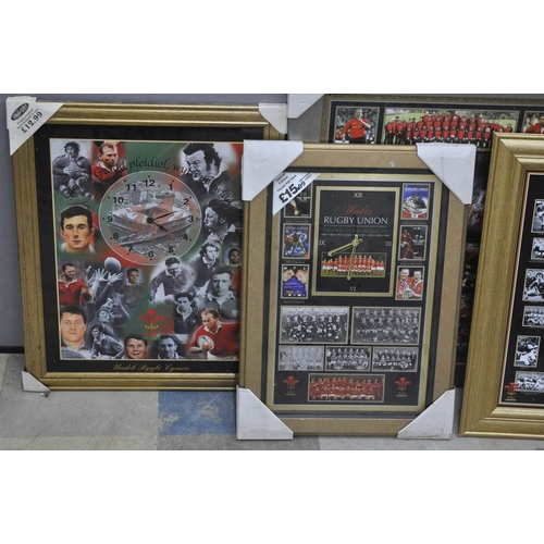 77 - 2 RUGBY WORLD CUP 1999 PICTURE MIRRORS, 2 WELSH RUGBY CLOCKS & 8 FRAMED WELSH RUGBY PICTURES