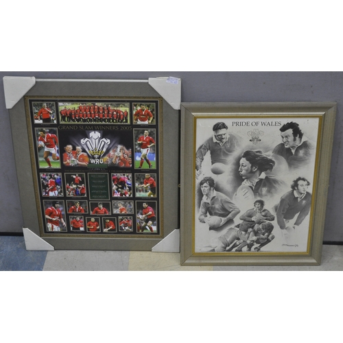 77 - 2 RUGBY WORLD CUP 1999 PICTURE MIRRORS, 2 WELSH RUGBY CLOCKS & 8 FRAMED WELSH RUGBY PICTURES