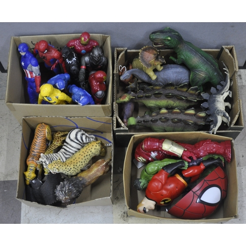 109 - 4 BOXES OF TOYS INCLUDING ANIMALS, DINOSAURS AND MARVEL FIGURES