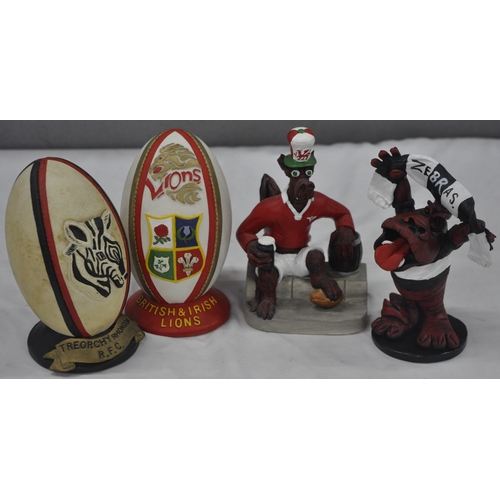 120 - VARIOUS FIGURINES AND 2 RUGBY BALL ORNAMENTS