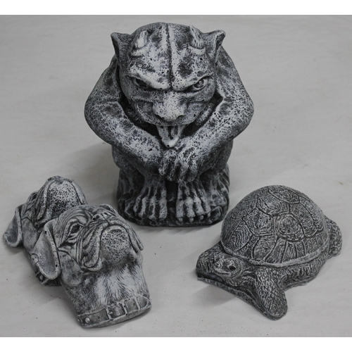 121 - 4 GARDEN ORNAMENTS - 1 GARGOYLE, 2 BOXER HEADS AND 1 TORTOISE
