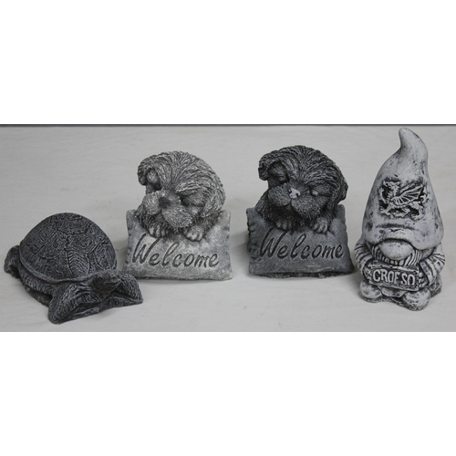 130 - 4 GARDEN ORNAMENTS - 2 WELCOME PUPPY, 1 TORTOISE AND 1 CROESO GNOME