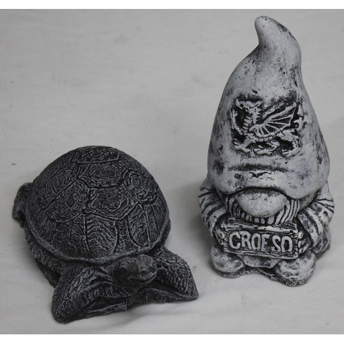 130 - 4 GARDEN ORNAMENTS - 2 WELCOME PUPPY, 1 TORTOISE AND 1 CROESO GNOME