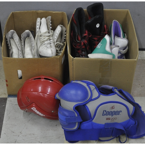 141 - 2 BOXES OF SPORTS GEAR - 2 PAIRS OF INCLINE SKATES PLUS 2 PAIRS OF ICE SKATES, HOCKEY HELMET AND SHO... 