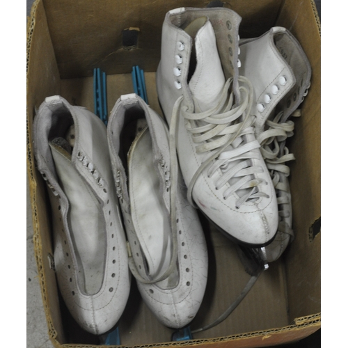 141 - 2 BOXES OF SPORTS GEAR - 2 PAIRS OF INCLINE SKATES PLUS 2 PAIRS OF ICE SKATES, HOCKEY HELMET AND SHO... 