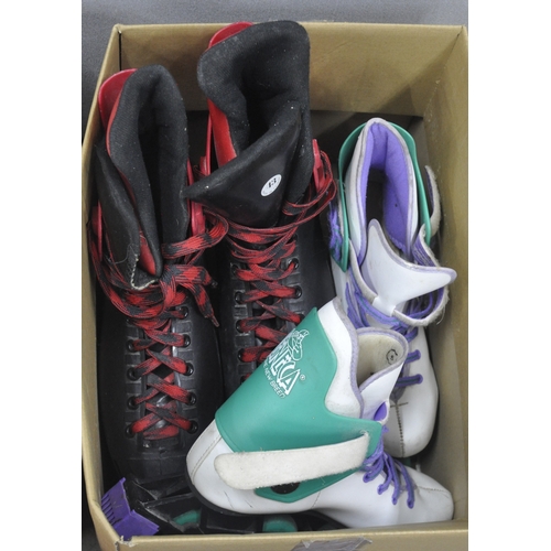 141 - 2 BOXES OF SPORTS GEAR - 2 PAIRS OF INCLINE SKATES PLUS 2 PAIRS OF ICE SKATES, HOCKEY HELMET AND SHO... 