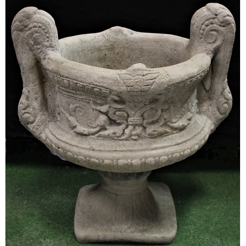 148 - LARGE DECORATIVE 2 HANDLED STONEWORK URN (IN 2 PIECES) (H52, W48cm) - OPTION OF LOT 149