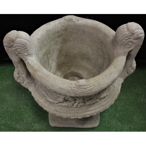 149 - LARGE DECORATIVE 2 HANDLED STONEWORK URN (IN 2 PIECES) (H52, W48cm)
