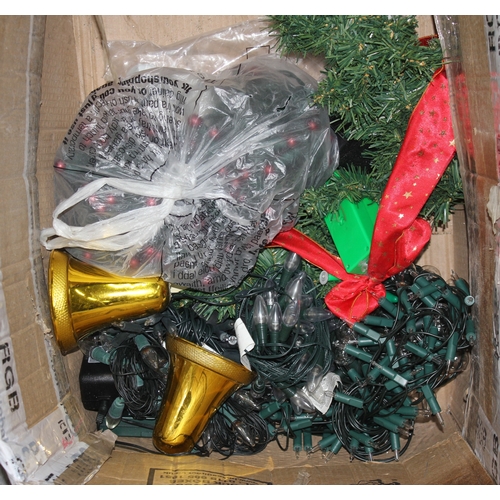 9 - WOODLAND PINE CHRISTMAS TREE, FIBRE OPTIC TREE, QUANTITY OF CHRISTMAS LIGHTS AND DECORATIONS