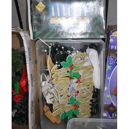 9 - WOODLAND PINE CHRISTMAS TREE, FIBRE OPTIC TREE, QUANTITY OF CHRISTMAS LIGHTS AND DECORATIONS