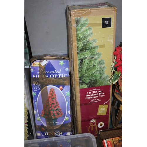 9 - WOODLAND PINE CHRISTMAS TREE, FIBRE OPTIC TREE, QUANTITY OF CHRISTMAS LIGHTS AND DECORATIONS