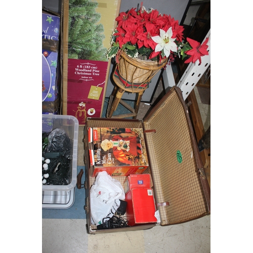 9 - WOODLAND PINE CHRISTMAS TREE, FIBRE OPTIC TREE, QUANTITY OF CHRISTMAS LIGHTS AND DECORATIONS