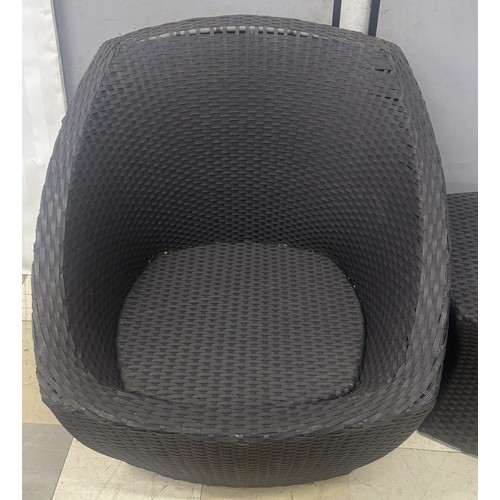 15 - PAIR WOVEN PATIO CHAIRS AND MATCHING TABLE - 1 CHAIR DAMAGED