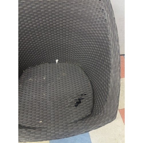 15 - PAIR WOVEN PATIO CHAIRS AND MATCHING TABLE - 1 CHAIR DAMAGED